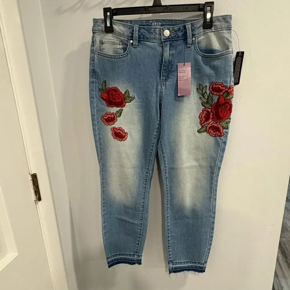 a.n.a Blue Ankle Jeans with Red Floral Embroidery